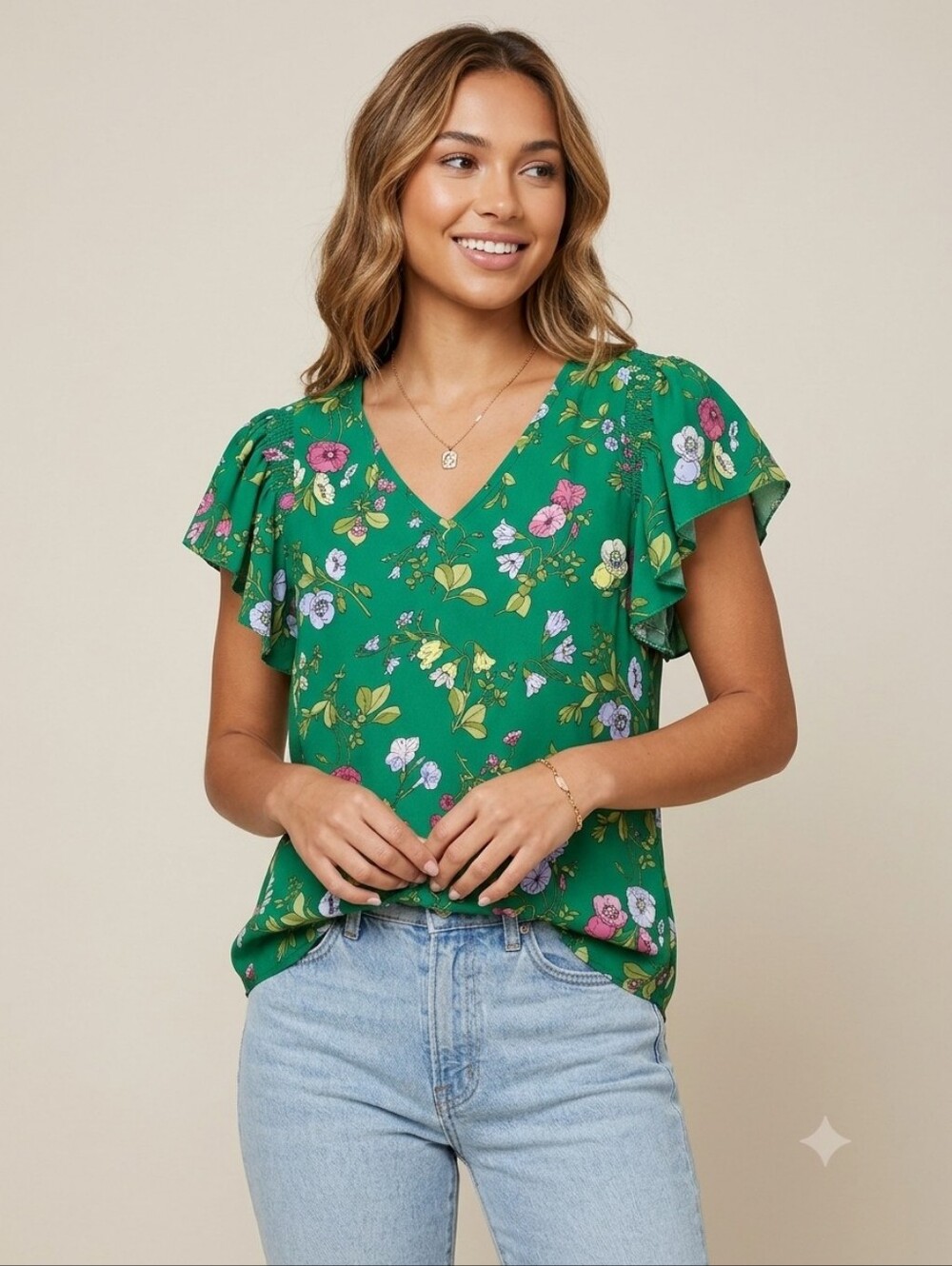 Catherine Malandrino S Kelly Green V Neck Flutter Sleeve Floral Print Blouse